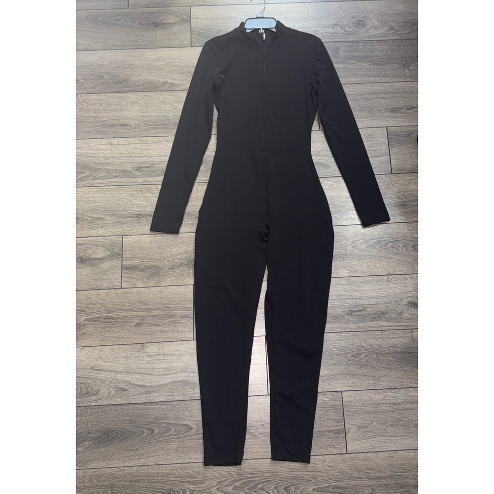 Womens Black Long Sleeve Front Zip Mock Neck Bodycon Jumpsuit Size L